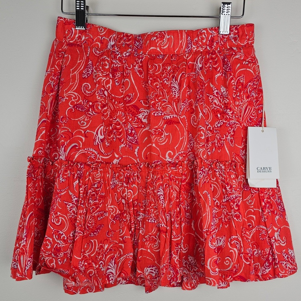 NWT Carve Designs Sienna Skirt Women XS Red Paisley Organic Cotton Tiered Mini